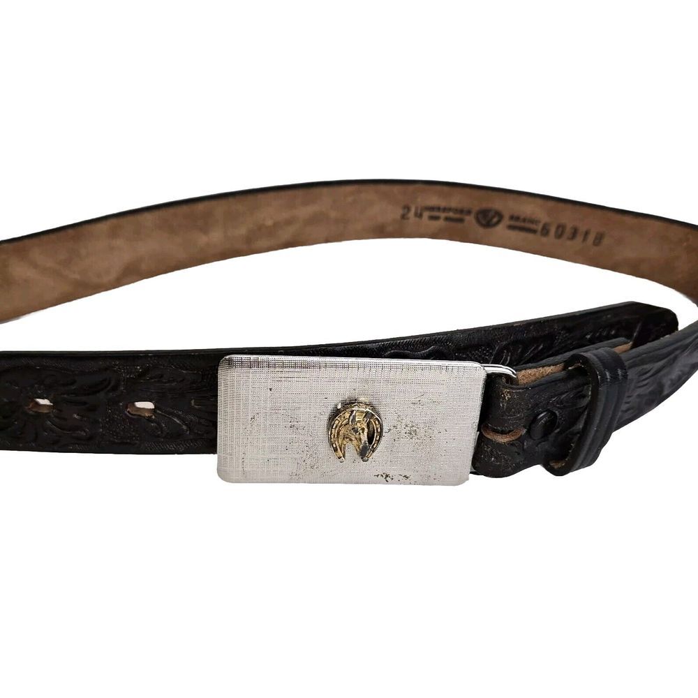 Hereford Boys Girls Size 24 Western Leather Belt Tooled Horse Shoe Buckle Vintag